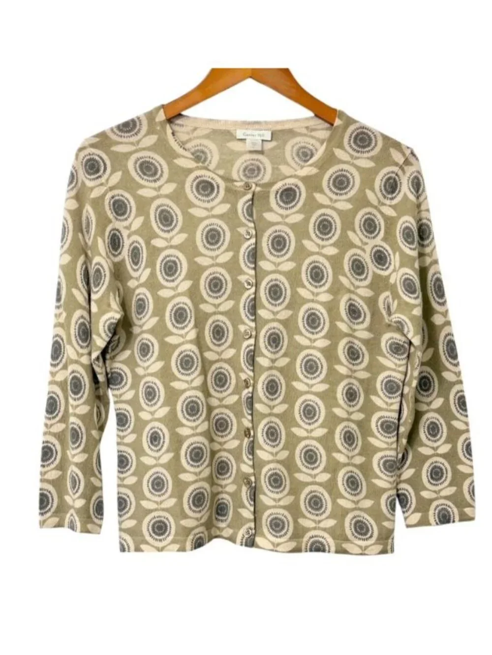Garnet Hill Women's 100% Merino Wool Cardigan Sweater Sage Gray Floral Size L